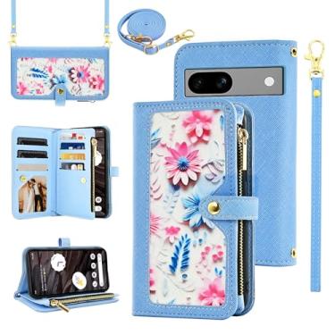 Imagem de Furiet Capa carteira floral para Google Pixel 7A 5G 2023 com alça de pulso alça de ombro flip bolsa com zíper, suporte de cartão de identificação de couro PU de luxo acessórios capa de celular para