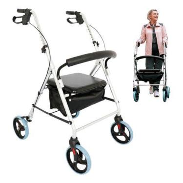 Imagem de Andador Idoso Adulto Dobrável C/ 4 Rodas Freio Assento Cesto - Dellame