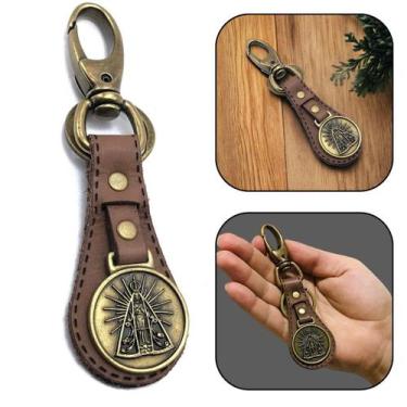 Imagem de Chaveiro de Nossa Senhora Aparecida Couro Marrom Luxo Ouro Velho - FOR