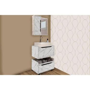 Imagem de Conjunto De Banheiro Balcão Suspenso Bn3646 E Balcão Com Rodízios Bn3647 60cm E Armário Com Espelho Bn3648 60cm Mármore Branco - Tecno Mobili