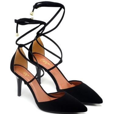 Imagem de Scarpin Salto Médio Bico Folha Com Tiras Nobuck Preto - Ellas Online, 