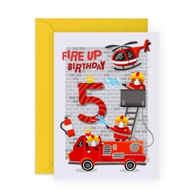 Imagem de CENTRAL 23 Cartão de aniversário infantil 5º aniversário - cartões de feliz quinto aniversário para menino - caminhão de bombeiros helicóptero - 5 anos de idade - cartões de presente para filho