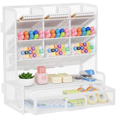 Imagem de Marbrasse Organizador de mesa de malha maior com gaveta, porta-lápis multifuncional, organizadores de mesa e acessórios para materiais de arte de escritório (branco)