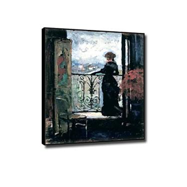 Imagem de JZSDGB Quadro preto - impressões em tela arte de parede famosa reprodução de pintura - "Lady on a Balconyby Albert Edelfelt Impressão em tela giclée e pôsteres-arte de parede em tela imagens de
