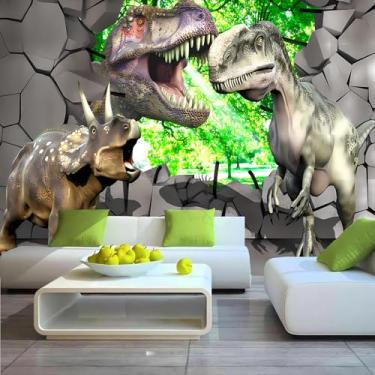 Imagem de Lcythiazole Mural de papel de parede de dinossauro, papel de parede grande de dinossauro 3D quebrando a parede, para sala de estar, quarto, quarto infantil, tamanho personalizável, descasque e cole