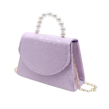 Imagem de BOLLEY JOSS Mini bolsa infantil de lantejoulas para meninas com alça de pérola, corrente dourada, bolsas transversais fofas para crianças pequenas, Roxa, One Size