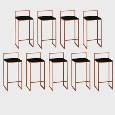 Imagem de Kit 09 Banquetas Alta Com Encosto Lino Industrial Balcão Bistrô Ferro Bronze mdf Madeira Preto - Ahz Móveis