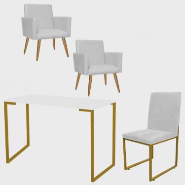 Imagem de Kit Escritório Stan 2 Poltronas com Cadeira e Mesa Industrial Tampo Branco Dourado Tecido Sintético Branco - Ahazzo Móveis