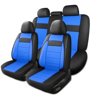Imagem de HChengkikz Capa de assento de couro de espuma 3D, capa de assento de carro respirável e confortável, proteção universal para carros, sedans, SUV, vans, caminhões (assento completo, preto + azul)