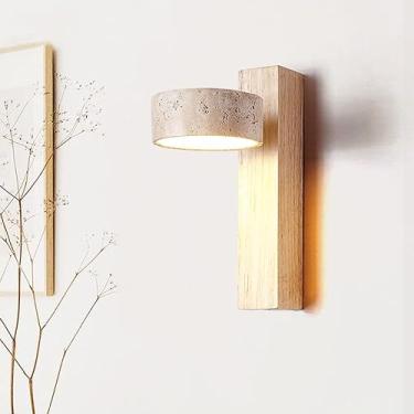 Imagem de Luminária de parede giratória de madeira LED 9W com pedra de mármore natural e interruptor de corrente, estilo rústico vintage de meados do século, para quarto, sala de estar e cozinha