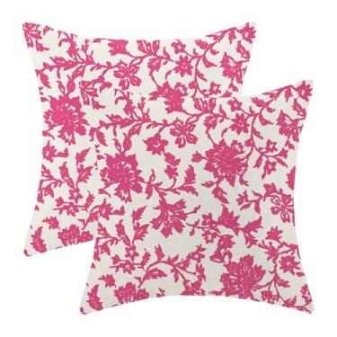 Imagem de Conjunto de 2 capas de almofada florais, 45,7 x 45,7 cm, estampa de blocos, flores rosa choque, decoração ao ar livre, boho vintage, decoração de flores, fronha, capa de almofada decorativa para sofá