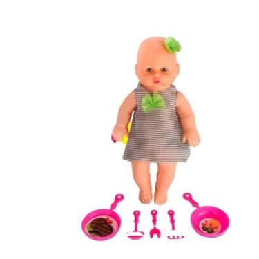 Imagem de Boneca Infantil com Acessórios de Cozinha, Vestido Listrado Cinza, 8 Peças