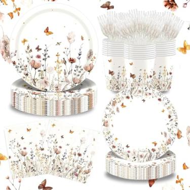 Imagem de AXWATDEI Conjunto De 120 Itens Para Festa Chá Bebê Com Flores Silvestres Estilo Boho, Decorações Florais Aniversário, Pratos Jantar 9" Sobremesa, Xícaras 7" Guardanapos, Garfos, Talheres Servir 24 C