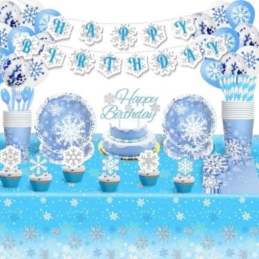 Imagem de Sekeline Suprimentos Para Festa De Aniversário Frozen: Decorações Floco Neve Inverno Incluem Pratos, Guardanapos, Xícaras, Garfos, Facas, Colheres, Faixa Feliz, Topo Bolo, Balões, Toalhas Mesa