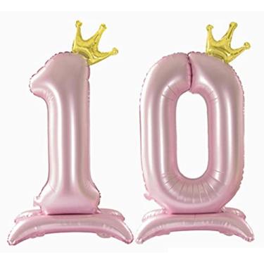 Imagem de Gifloon Balão Com 10 Números E Coroa Para Decoração De 10º Aniversário, Rosa