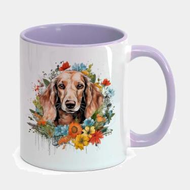 Imagem de Caneca Porcelana Branca Alça e Interior Roxa 325ml - CACHORRO DACHSHUND FLORES CUTE