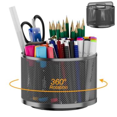 Imagem de LUCYCAZ Porta-canetas giratórias de metal 360 para mesa, copo giratório com 5 compartimentos, organizador de caneta de mesa de dupla finalidade para escritório, escola, casa (redondo)