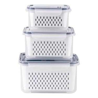 Imagem de Kit 3 Potes Organizadores de Geladeira Hermético com Trava nas Tampas Borracha Isolante e Cesto de Escorrer Removível - Organizador de Alimentos Frutas Legumes Saladas - Livre de BPA