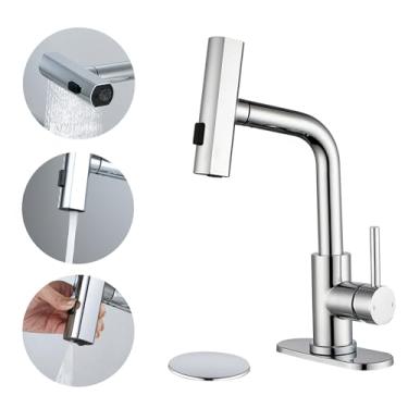 Imagem de BARROCK Torneira de banheiro cachoeira com pulverizador de interruptor rotativo de 3 modos, torneira moderna para pia de barra de lavanderia com placa de deck, torneiras de lavatório de aço inoxidável