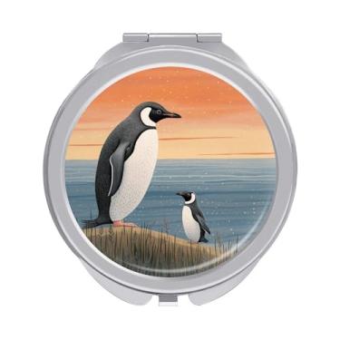 Imagem de LKHDS Espelho de maquiagem de viagem iluminado desenhado à mão pinguim compacto espelho dobrável pequeno espelho de viagem espelho de bolso ampliação 1X/2X espelho portátil de maquiagem de viagem para