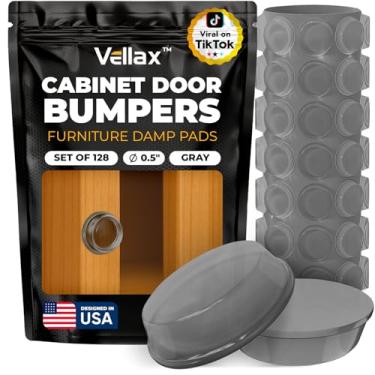 Imagem de Vellax Para-choques de porta de armário 128 peças - almofadas autoadesivas cinza de 1,27 cm de diâmetro, rolhas de armário, amortecedores de borracha para gavetas, armários, tábuas de corte, tampos de vidro, molduras de fotos, móveis de cozinha