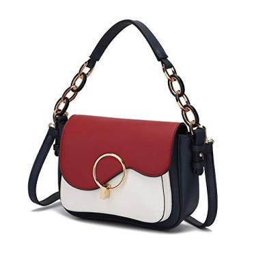Imagem de MKF Bolsa tiracolo feminina – Bolsa de bolso de couro sintético – Bolsa mensageiro lateral média, alça de ombro, Azul-marinho e branco, Medium