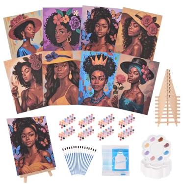 Imagem de playneeu Kit Paint by Numbers para adultos – Pacote com 8 pinturas em tela com cavalete de 20 x 30 cm, 24 cores acrílicas, pincéis, avental, paleta – Kit de pintura e gole para iniciantes, festas e