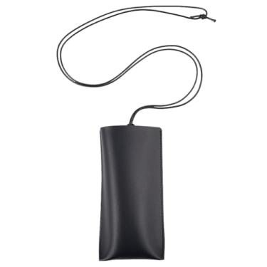 Imagem de CREATCABIN Estojo de óculos de sol portátil de couro estojo fino para óculos de sol bolsa bolsa bolsa de armazenamento bolsa leve macia com alça de pescoço para mulheres homens férias preto 16,5 x 8,2