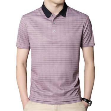 Imagem de Camisas Pólo Masculinas De Seda De Verão Manga Curta Xadrez Casual De Negócios Camisetas Masculinas Finas, Pink, XXL