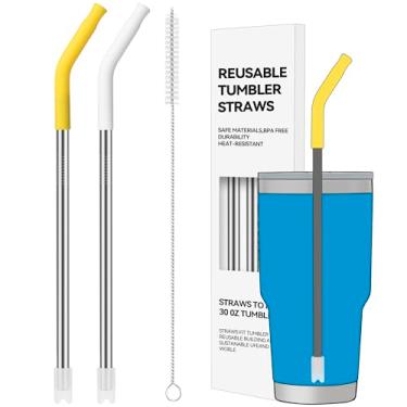 Imagem de Soledea 2 canudos reutilizáveis de 850 g, ideais para copos Stanley de 850 g e copos de 680 g, canudo de aço inoxidável com fundo de silicone anti-clank, serve na maioria das canecas de tamanho médio