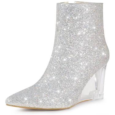 Imagem de Perphy Botas de salto transparente de lantejoulas bico fino com glitter salto cunha botas de tornozelo para mulheres, Prata, 38
