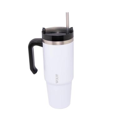 Imagem de Caneca Térmica Wolff SlimTerm 890ml com Canudo, Parede Dupla e Base Ergonômica Branca