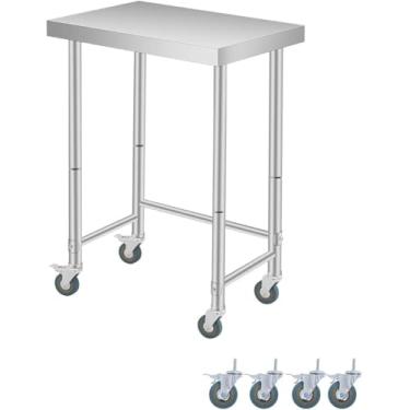 Imagem de Mesa de trabalho de aço inoxidável de 41 x 61 cm, mesa de trabalho de 136 kg, pesada, NSF, com pés ajustáveis e rodízios de bloqueio, base aberta, mesa utilitária de metal de camada única para cozinha