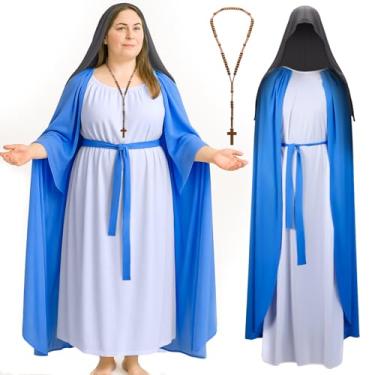 Imagem de Mepase Conjunto de fantasia de Maria plus size para mulheres, roupa de Virgem Maria com capa cinza com capuz e colar de cruz, fantasia de presépio religioso para igreja, cosplay, roupa de brincar de