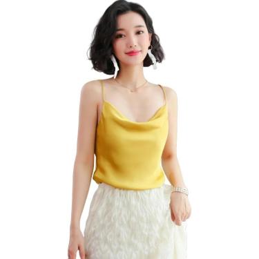 Imagem de Cetim De Seda Tops Feminino Cinta Básica Alças De Espaguete Tops Mulheres Sem Mangas Camisola Camis, Yellow, M