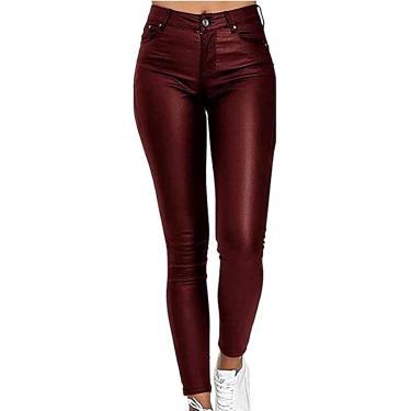 Imagem de Calças Femininas De Couro Sintético Cintura Alta Reta Perna Larga Leggings De Couro Calças De Couro, Red Wine, S
