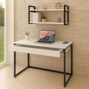 Imagem de Kit Mesa Home Office Escrivaninha Industrial com Gaveta e Prateleira 100% MDF Premium Branco e Aço Preto