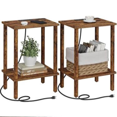 Imagem de TUTOTAK Mesa de canto com estação de carregamento, conjunto de 2, mesa lateral pequena com tomadas, mesa de cabeceira, prateleira de armazenamento de 2 camadas para espaço pequeno, sala de estar