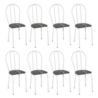 Imagem de Kit 8 Cadeiras de Cozinha Texas Estampado Listrado Pés de Ferro Branco