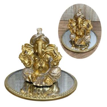 Imagem de Kit Ganesha Hindu Deus Sorte Sabedoria Resina + Bandeja Luxo - Mundo C