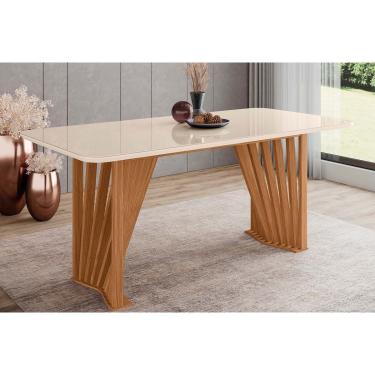 Imagem de Mesa de Sala Jantar Adriana SC82 c/ Tampo Madeirado c/ Vidro Curvo 180x90cm Nature/Off White - Henn