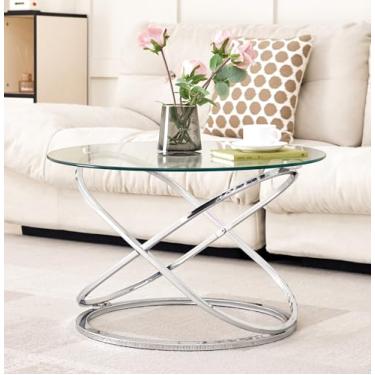 Imagem de Mesa de centro moderna de vidro redondo – tampo de vidro temperado de 68 cm e base cruzada de prata cromada luxuosa – mesa elegante para sala de estar, apartamento ou condomínio – configuração fácil