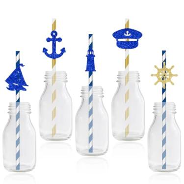 Imagem de Canudos de papel temáticos de âncora náutica com glitter azul marinho dourado listrado canudo náutico pirata âncora de farol decoração para crianças oceano aniversário chá de bebê lembrancinhas