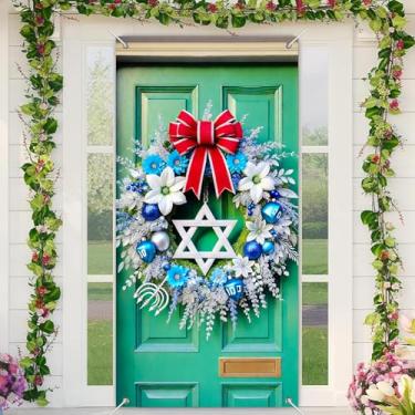 Imagem de BlissYard Capa de porta de Hanukkah, guirlanda de estrela de Davi, 89 x 188 cm, faixa de porta de feriado, decoração de casa festiva, cenário de festa de chanucá, decorações de entrada sazonais para