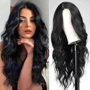 Imagem de QUEENTAS Perucas pretas longas de 61 cm para mulheres, peruca longa encaracolada, preta, cosplay, sem cola, aparência natural, peruca de cabelo ondulado corporal sintético