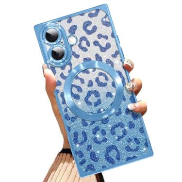Imagem de AIGOMARA Capa de telefone para iPhone 17 de 6,3 polegadas [compatível com MagSafe] Design de estampa de leopardo azul com glitter, à prova de choque, resistente a arranhões, capa de telefone de TPU