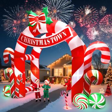 Imagem de Kalolary Decorações de Natal infláveis para ambientes externos, arco inflável duplo de doces com luzes LED embutidas para jardim ao ar livre, gramado, decoração de jardim