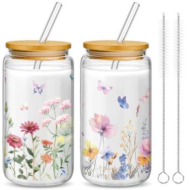 Imagem de Mumufy Presente para mulheres copo de vidro fofo copo flor gelado canecas de café 473 ml vidro com tampa de bambu e canudo, presente de aniversário de dia das mães para mãe irmã dama de honra chá de