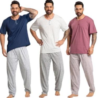 Imagem de KIT 3 Pijama Masculino Com Bolso Vekyo Manga Curta Calça Longa Estampa