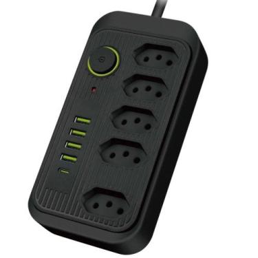 Imagem de Extensão Tomada 2 Metros Com 5 Tomadas, 4 Usb E 1 Usb Tipo C - Genéric